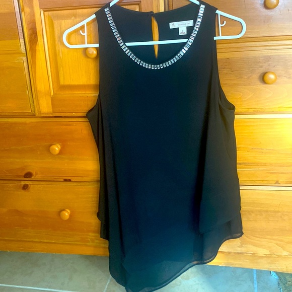 Dress Barn Black Chiffon Dressy Sleeveless Tank Top Blouse Sparkle Trim Size S - Picture 1 of 9